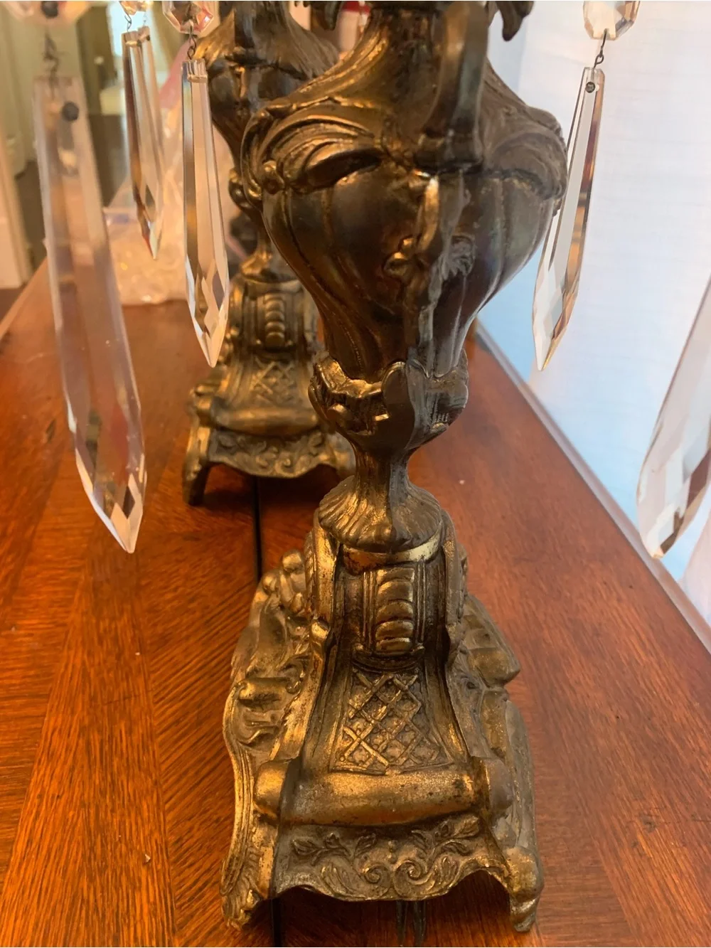 Ornate Brass Four Arm Candelabra Pair in Gold.  Glass tear drops